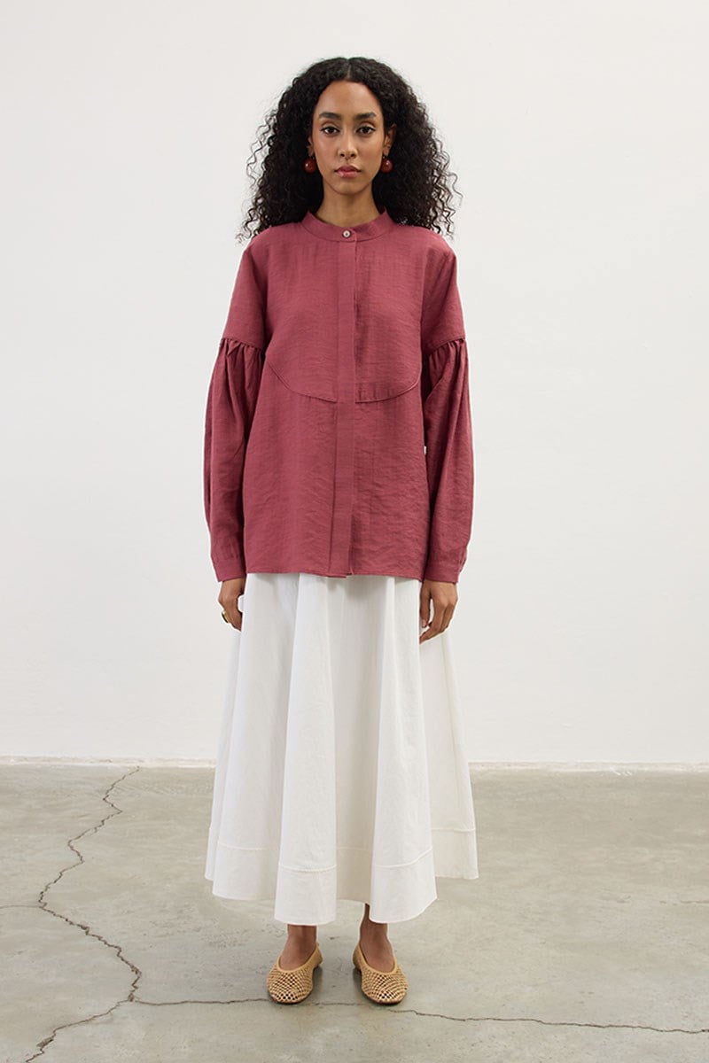 Biyeli Keten Tensel Gömlek Vişne