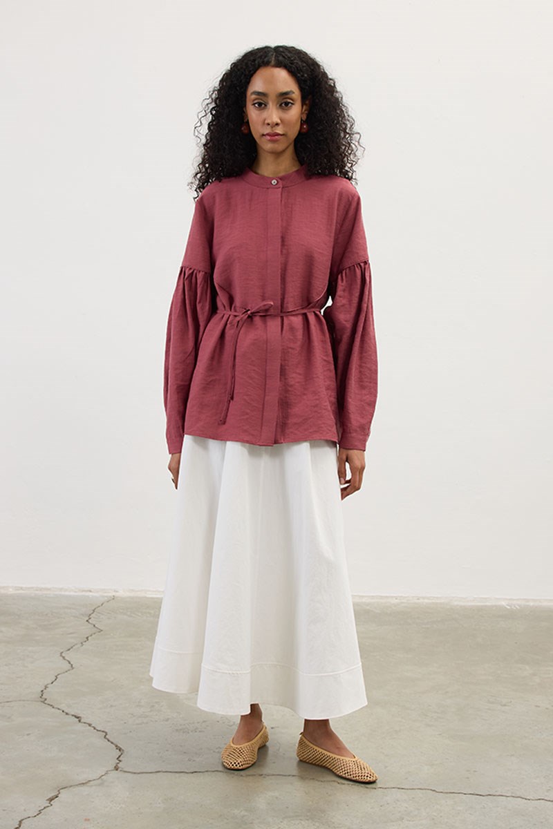 Biyeli Keten Tensel Gömlek Vişne