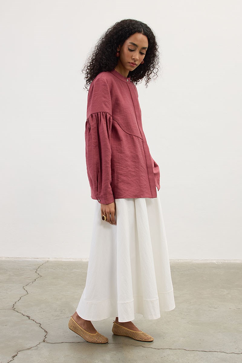 Biyeli Keten Tensel Gömlek Vişne