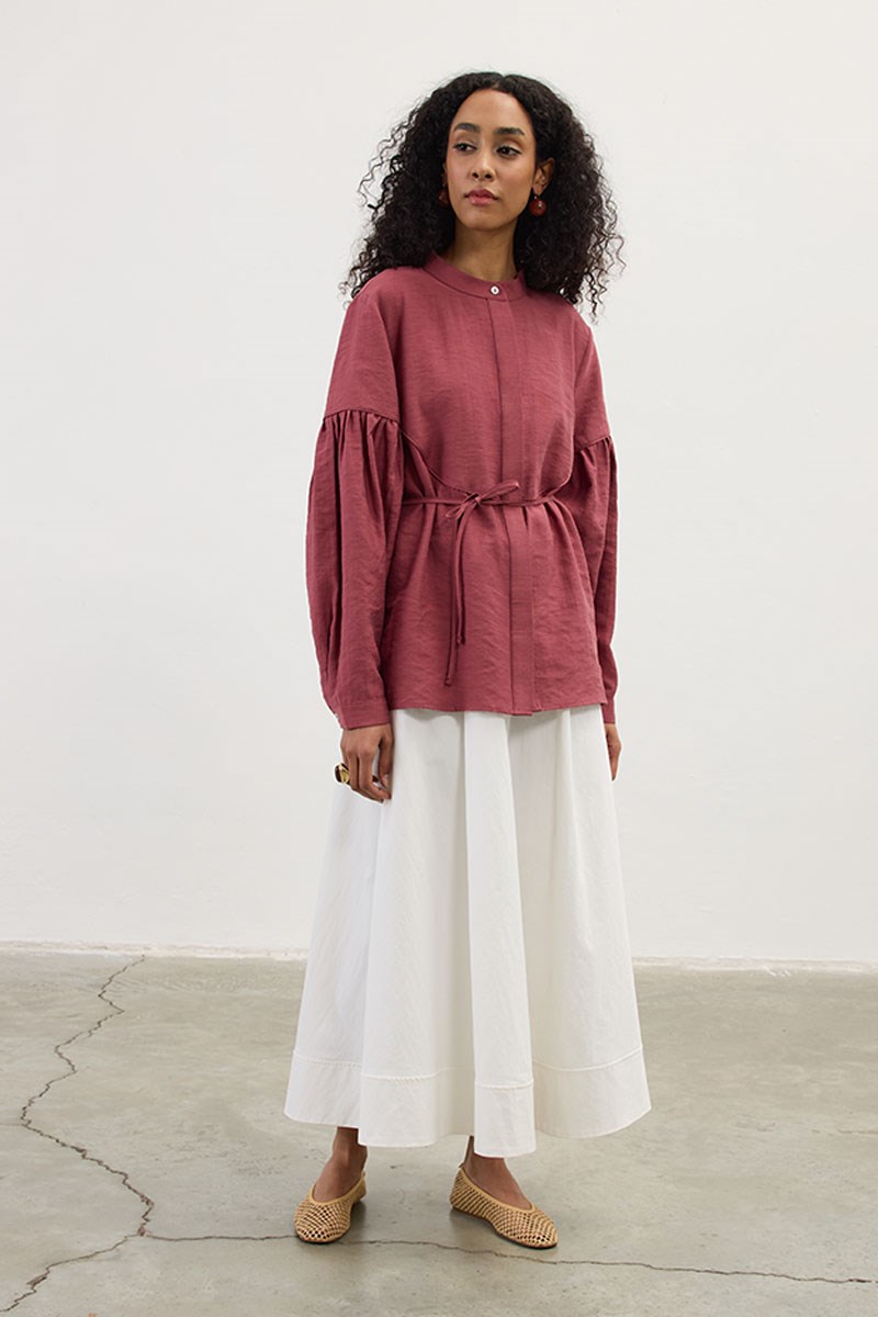 Biyeli Keten Tensel Gömlek Vişne