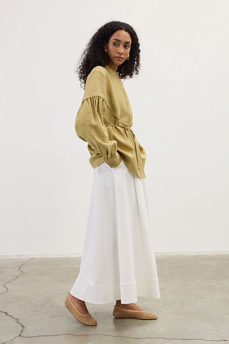 Biyeli Keten Tensel Gömlek Zeytin Yeşili