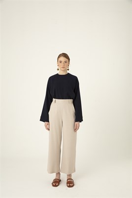 Bol Paça Keten Pantolon Taş