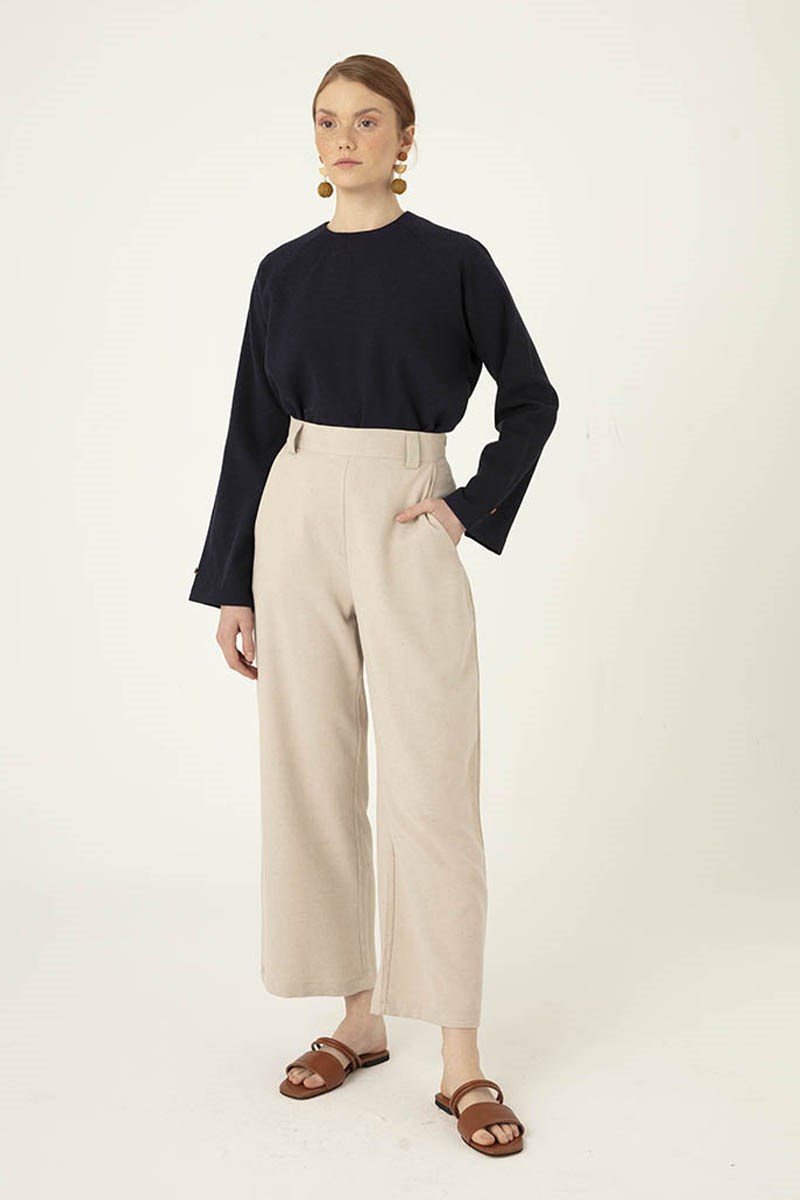 Bol Paça Keten Pantolon Bej