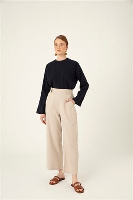 Bol Paça Keten Pantolon Taş