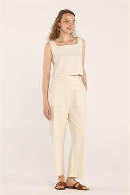 Bol Paça Keten Pantolon Ekru