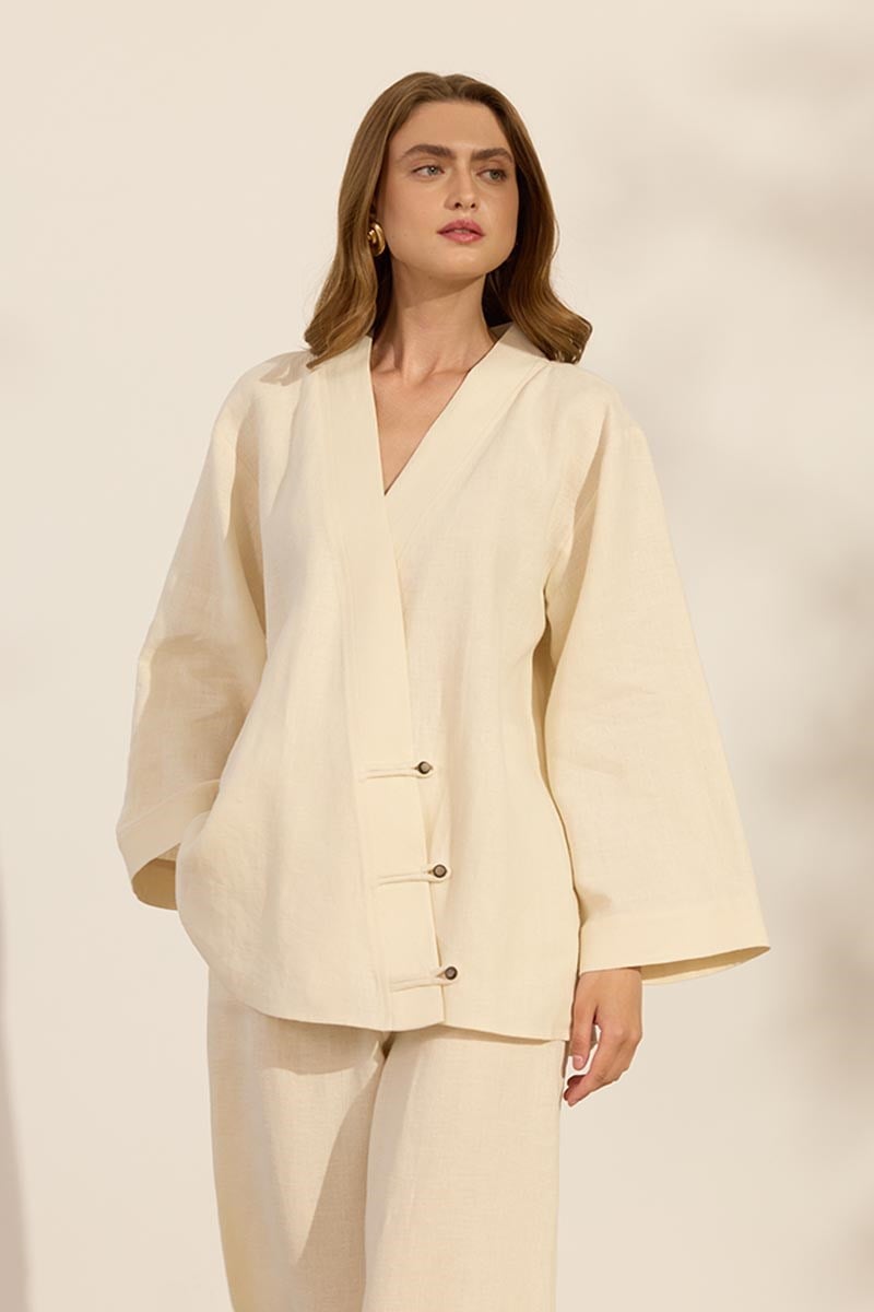 Britli %100 Keten Kimono Kırık Beyaz