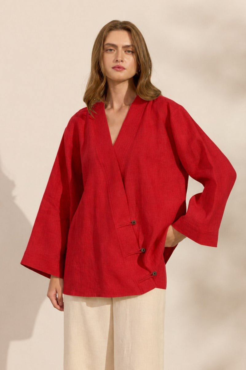 Britli %100 Keten Kimono Kırmızı