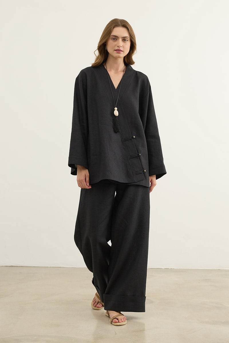 Britli %100 Keten Kimono Siyah