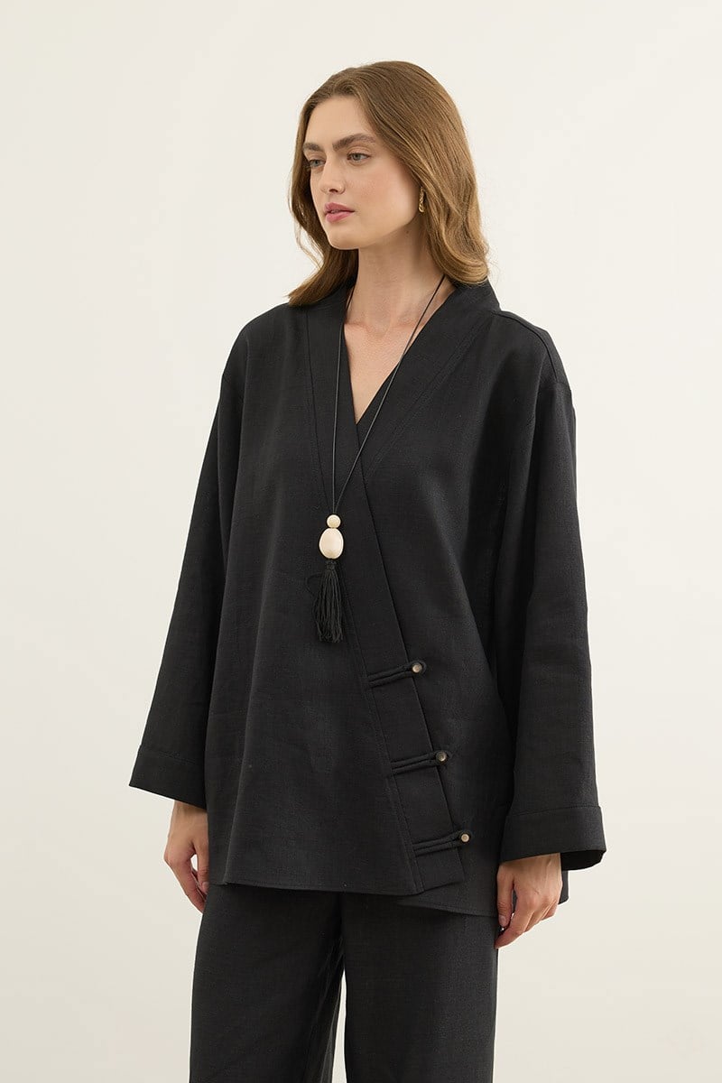 Britli %100 Keten Kimono Siyah