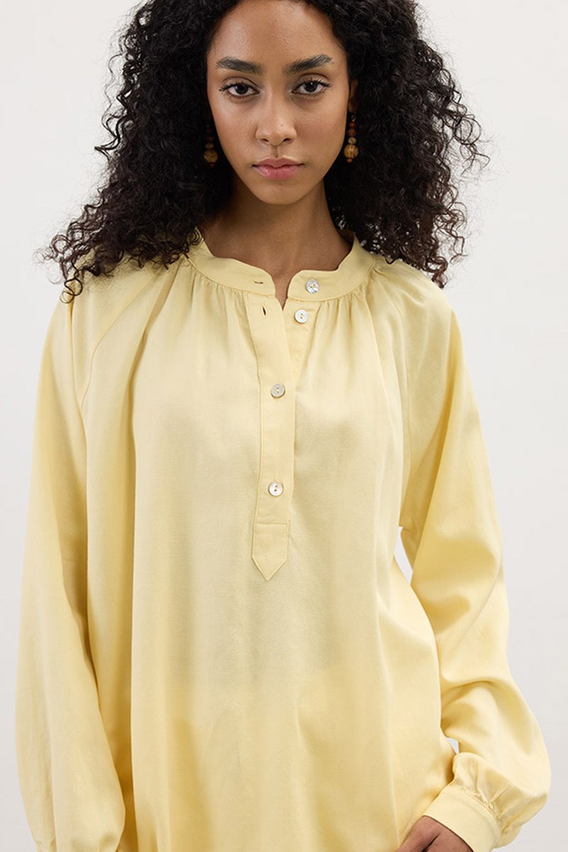 Büzgü Detaylı Keten Bluz Soft Sarı