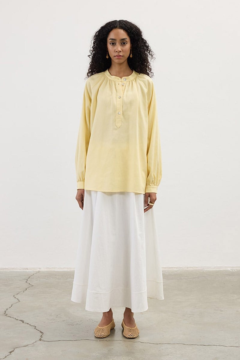 Büzgü Detaylı Keten Bluz Soft Sarı