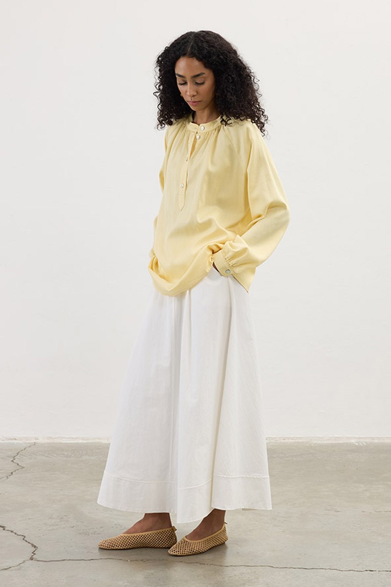 Büzgü Detaylı Keten Bluz Soft Sarı