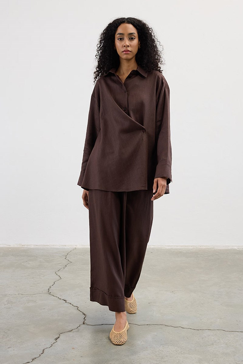 Çapraz Düğmeli %100 Keten Gömlek Acı kahve