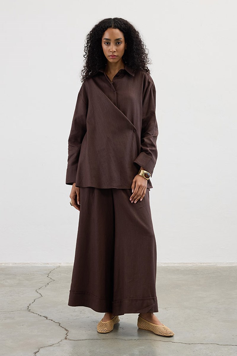 Çapraz Düğmeli %100 Keten Gömlek Acı kahve