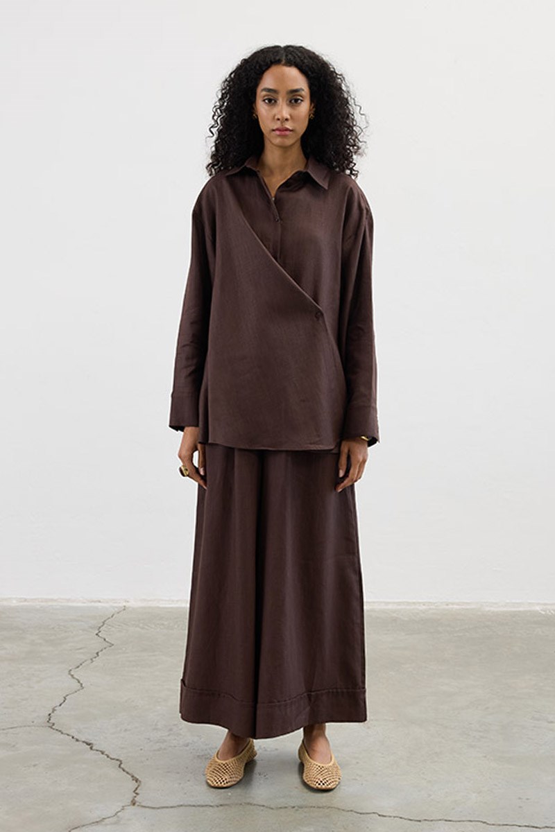 Çapraz Düğmeli %100 Keten Gömlek Acı kahve