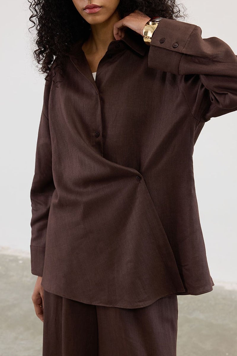 Çapraz Düğmeli %100 Keten Gömlek Acı kahve