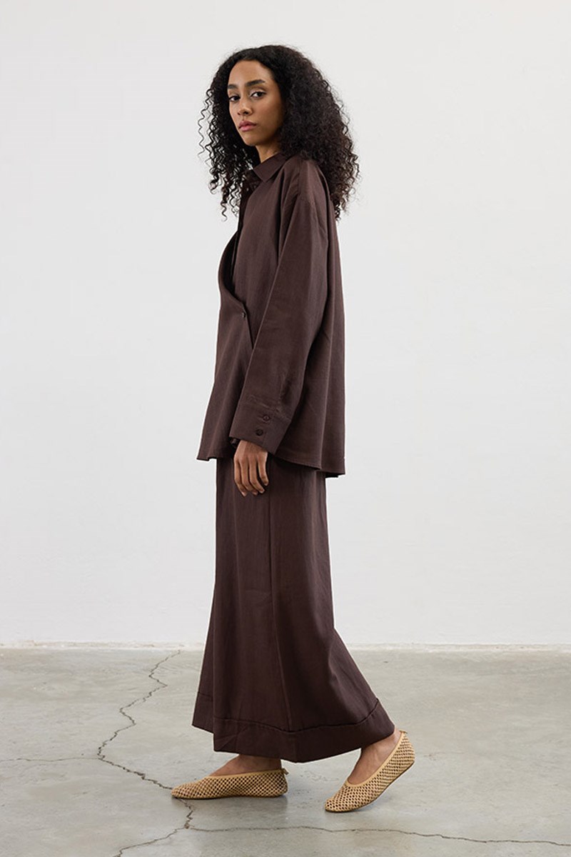 Çapraz Düğmeli %100 Keten Gömlek Acı kahve