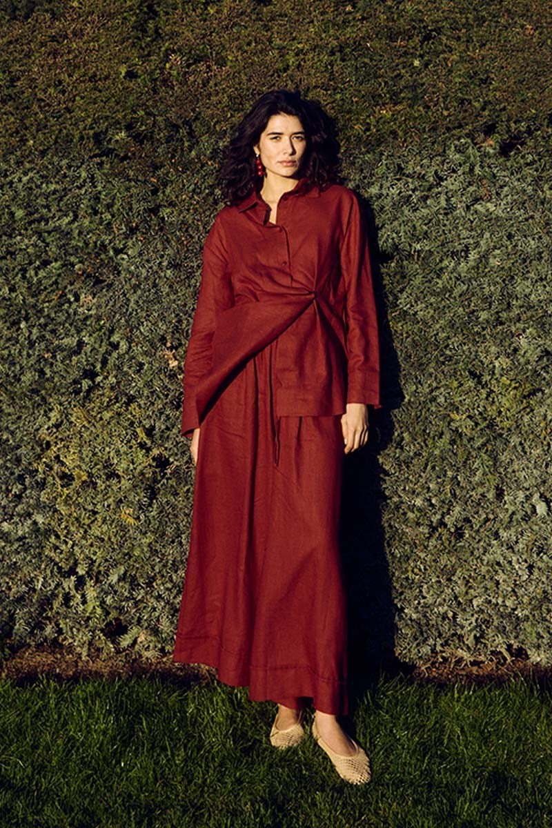 Çapraz Düğmeli %100 Keten Gömlek Kırmızı