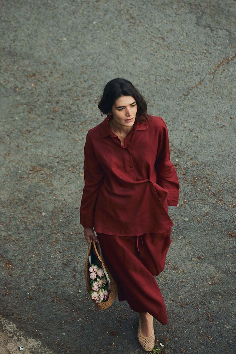 Çapraz Düğmeli %100 Keten Gömlek Kırmızı