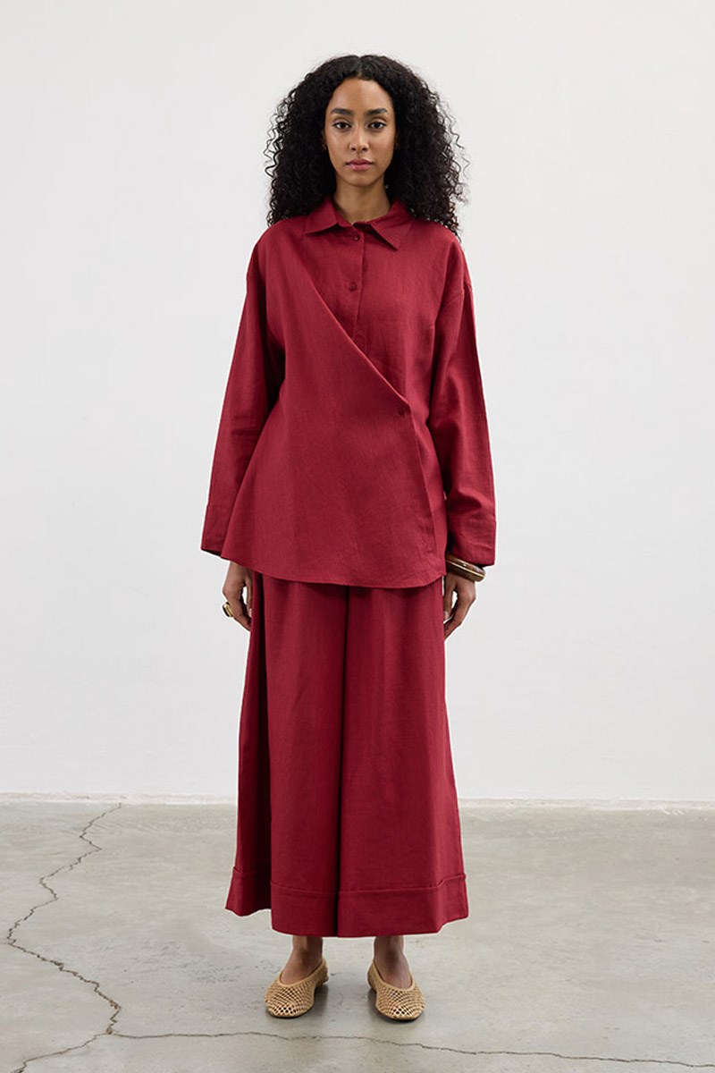 Çapraz Düğmeli %100 Keten Gömlek Kırmızı