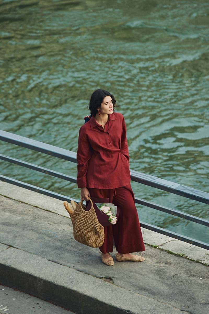 Çapraz Düğmeli %100 Keten Gömlek Kırmızı