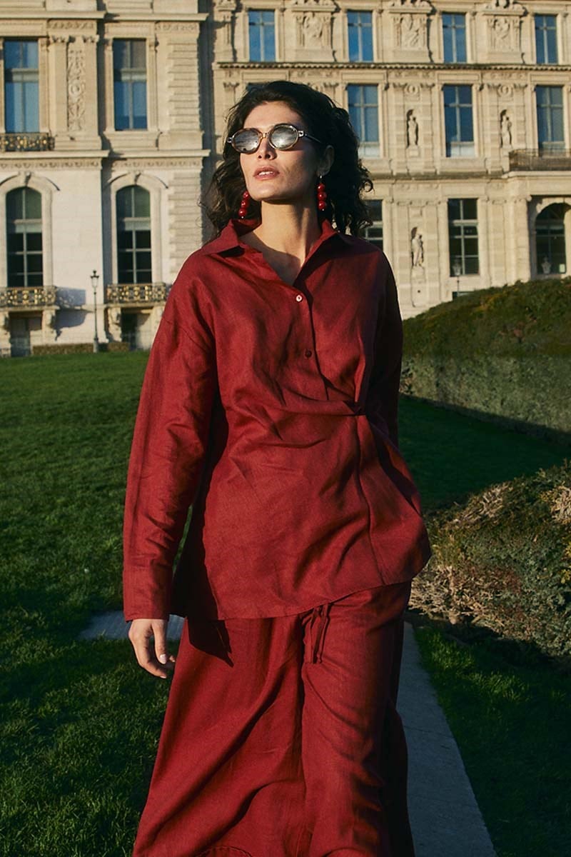 Çapraz Düğmeli %100 Keten Gömlek Kırmızı