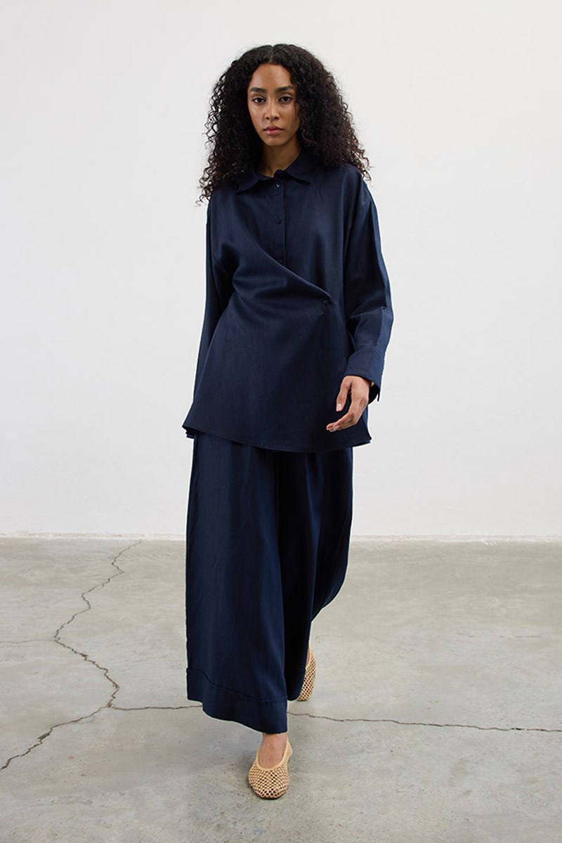 Çapraz Düğmeli %100 Keten Gömlek Lacivert