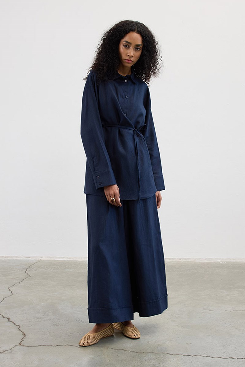 Çapraz Düğmeli %100 Keten Gömlek Lacivert