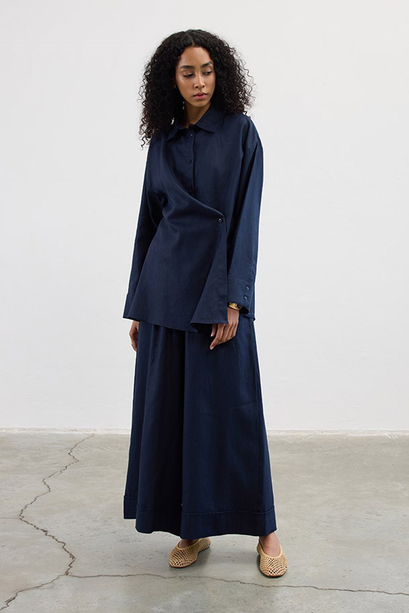 Çapraz Düğmeli %100 Keten Gömlek Lacivert