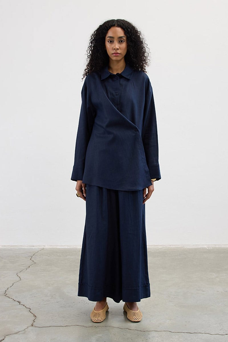 Çapraz Düğmeli %100 Keten Gömlek Lacivert