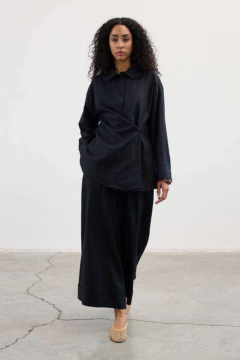 Çapraz Düğmeli %100 Keten Gömlek Siyah