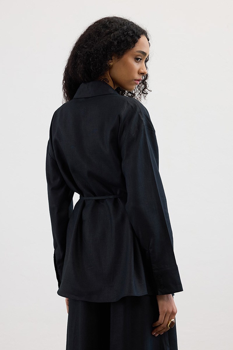 Çapraz Düğmeli %100 Keten Gömlek Siyah