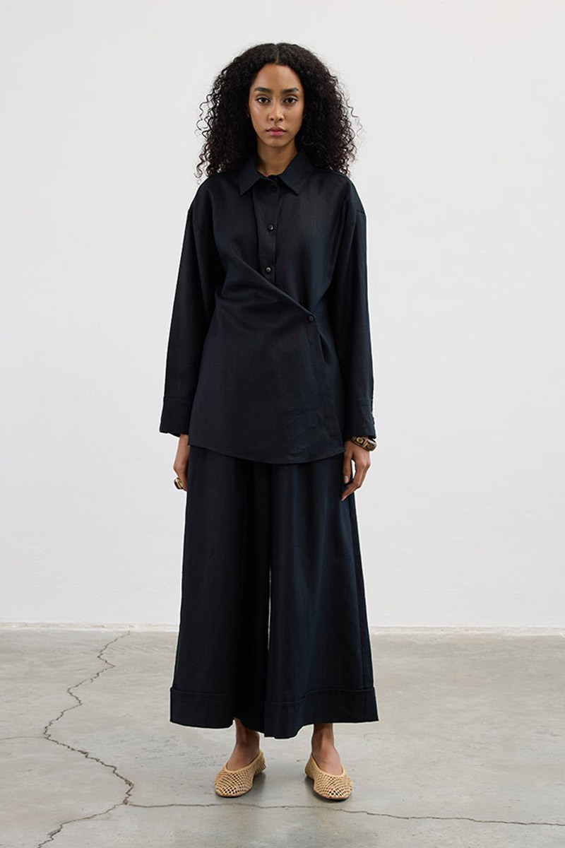 Çapraz Düğmeli %100 Keten Gömlek Siyah