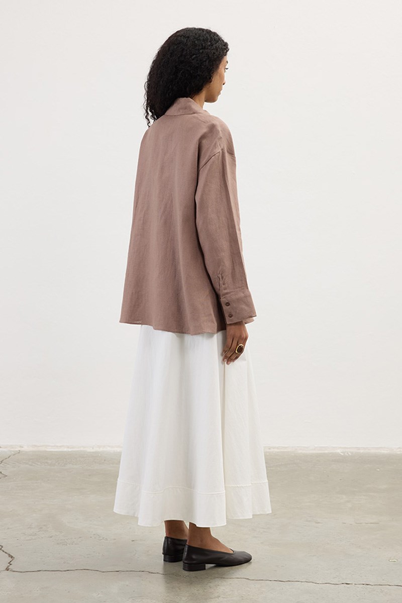 Çapraz Düğmeli %100 Keten Gömlek Vizon