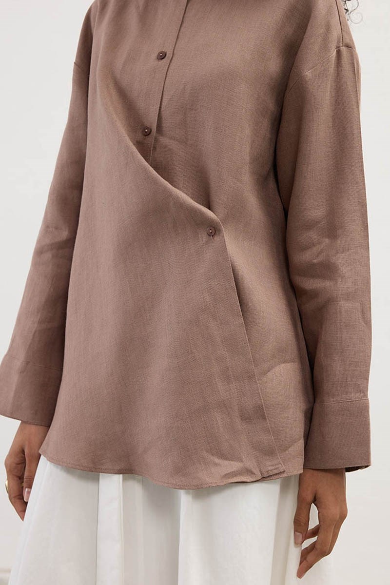 Çapraz Düğmeli %100 Keten Gömlek Vizon