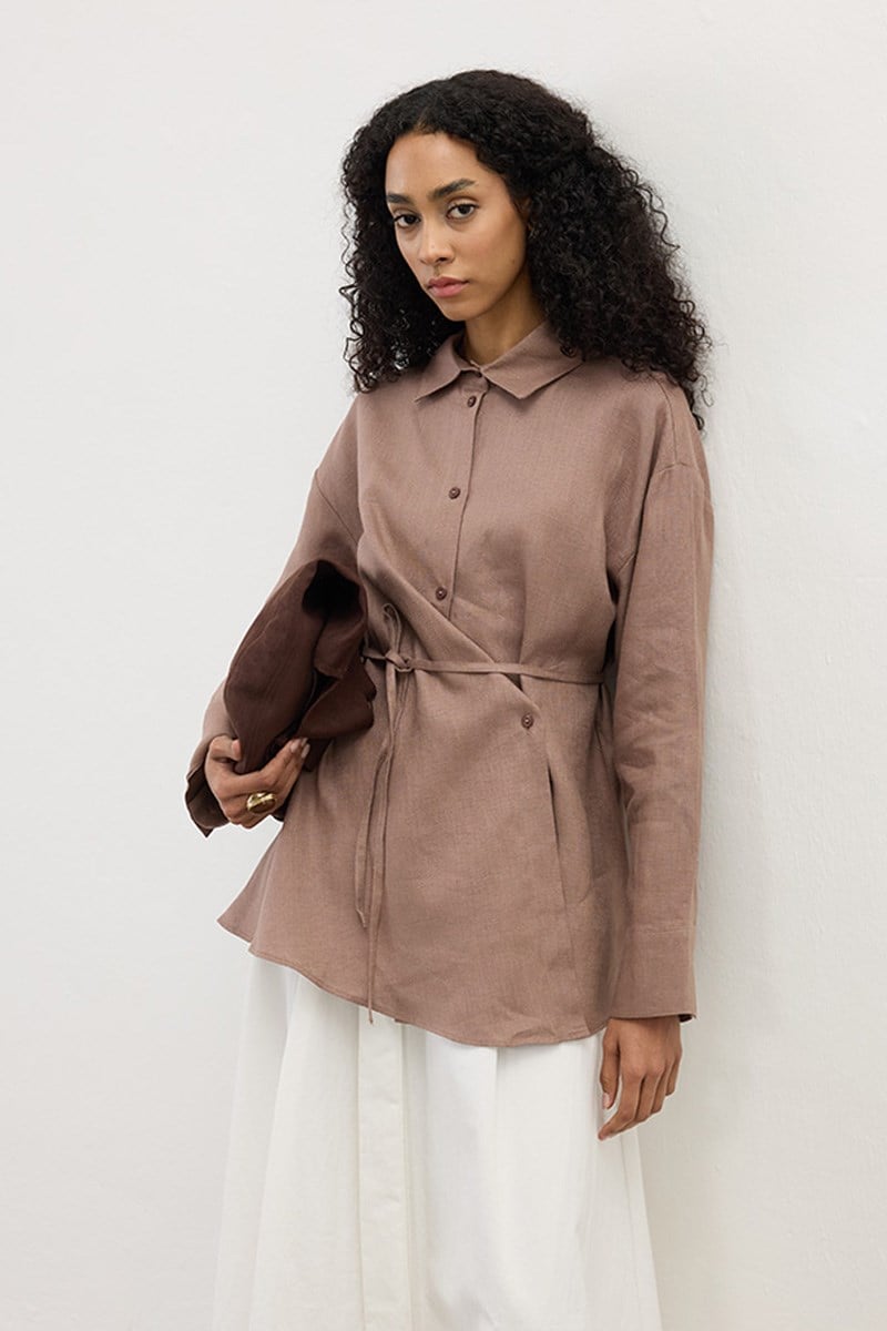 Çapraz Düğmeli %100 Keten Gömlek Vizon