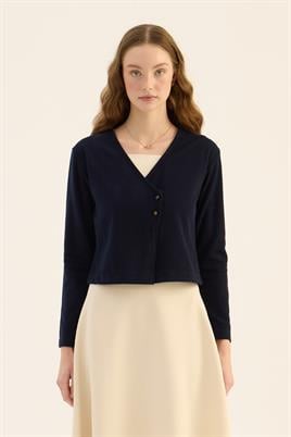 Çapraz Düğmeli Kısa Hırka Lacivert