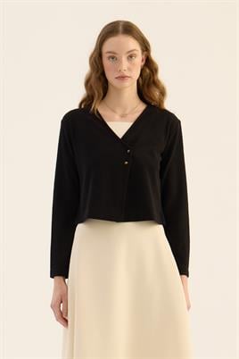 Çapraz Düğmeli Kısa Hırka Siyah