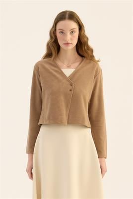 Çapraz Düğmeli Kısa Hırka Camel