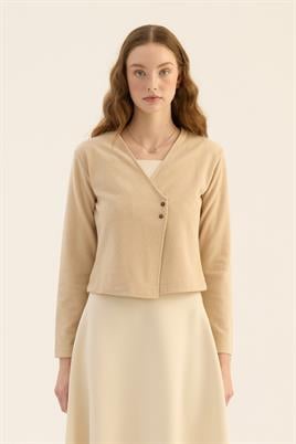 Çapraz Düğmeli Kısa Hırka Taş