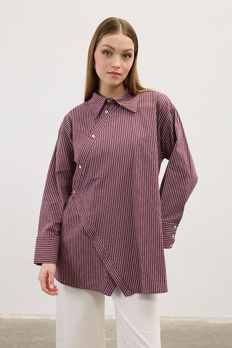 Çapraz Patlı Çizgili Gömlek Bordo
