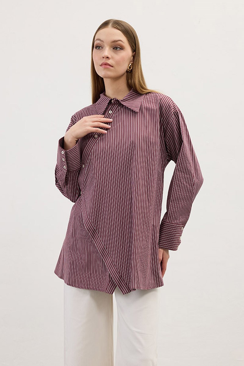 Çapraz Patlı Çizgili Gömlek Bordo