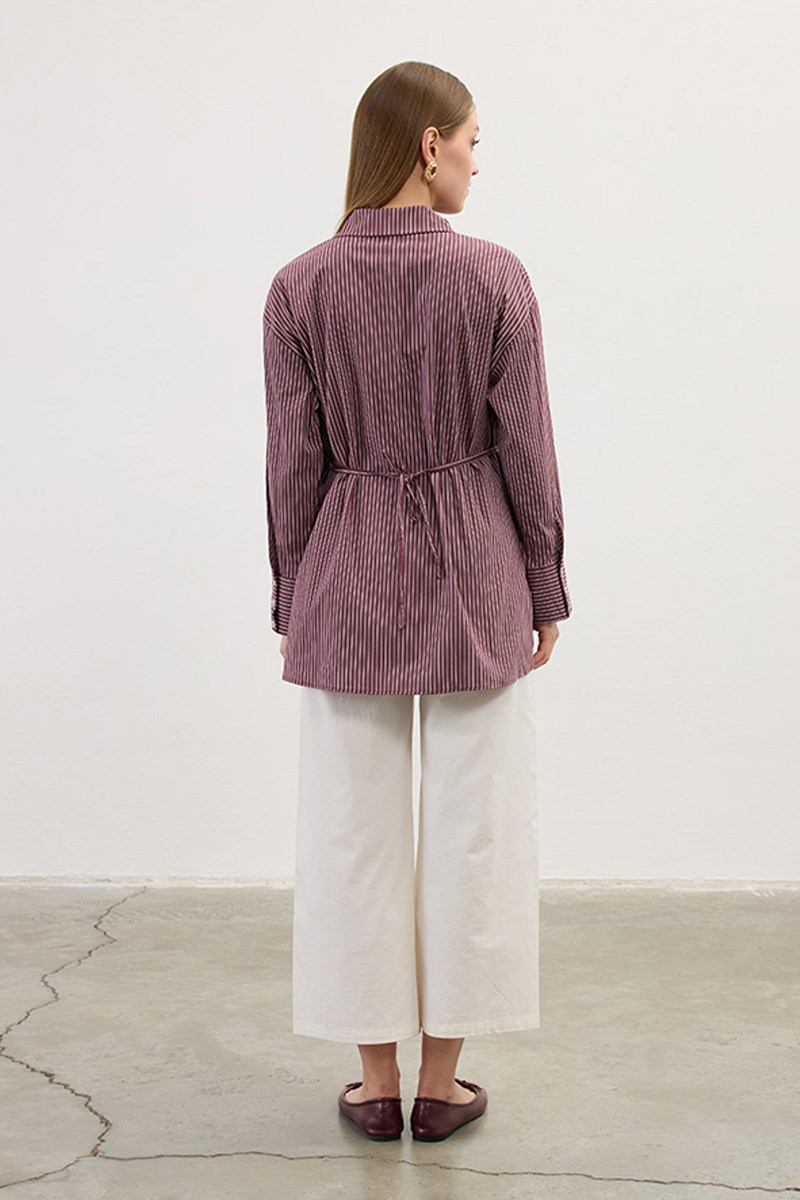 Çapraz Patlı Çizgili Gömlek Bordo