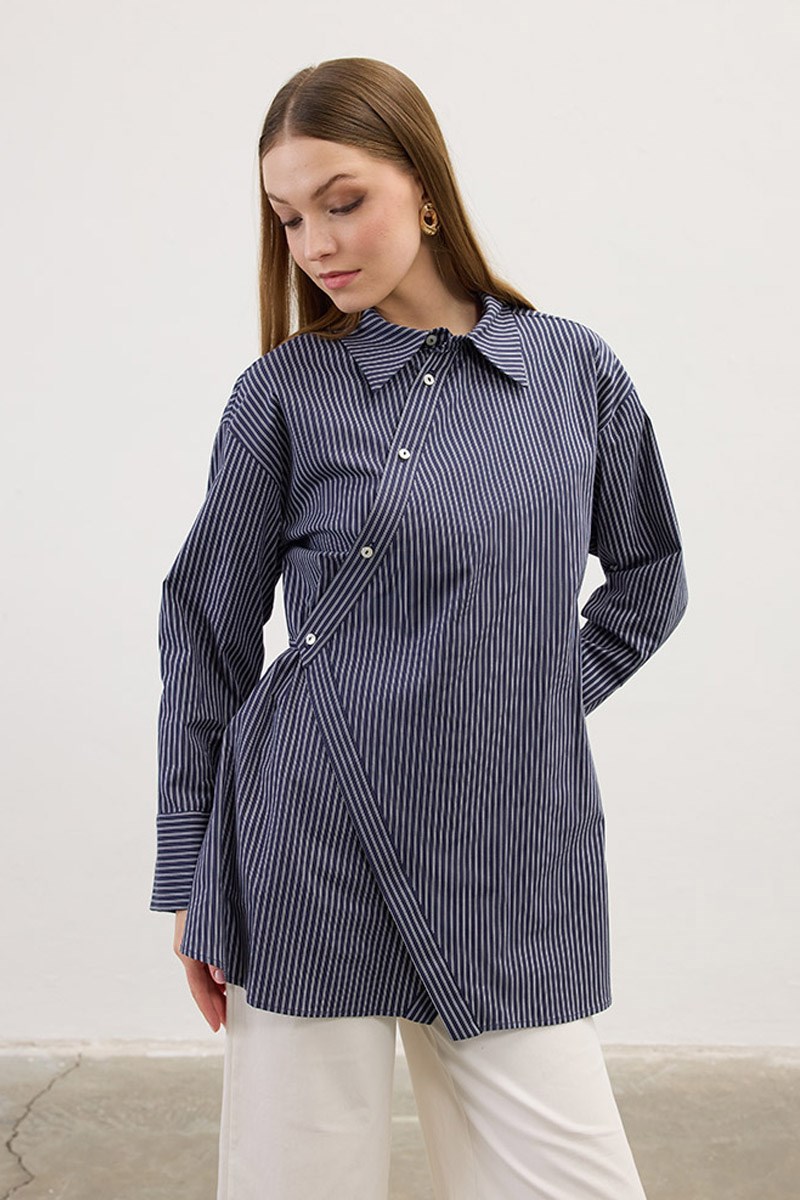 Çapraz Patlı Çizgili Gömlek Lacivert