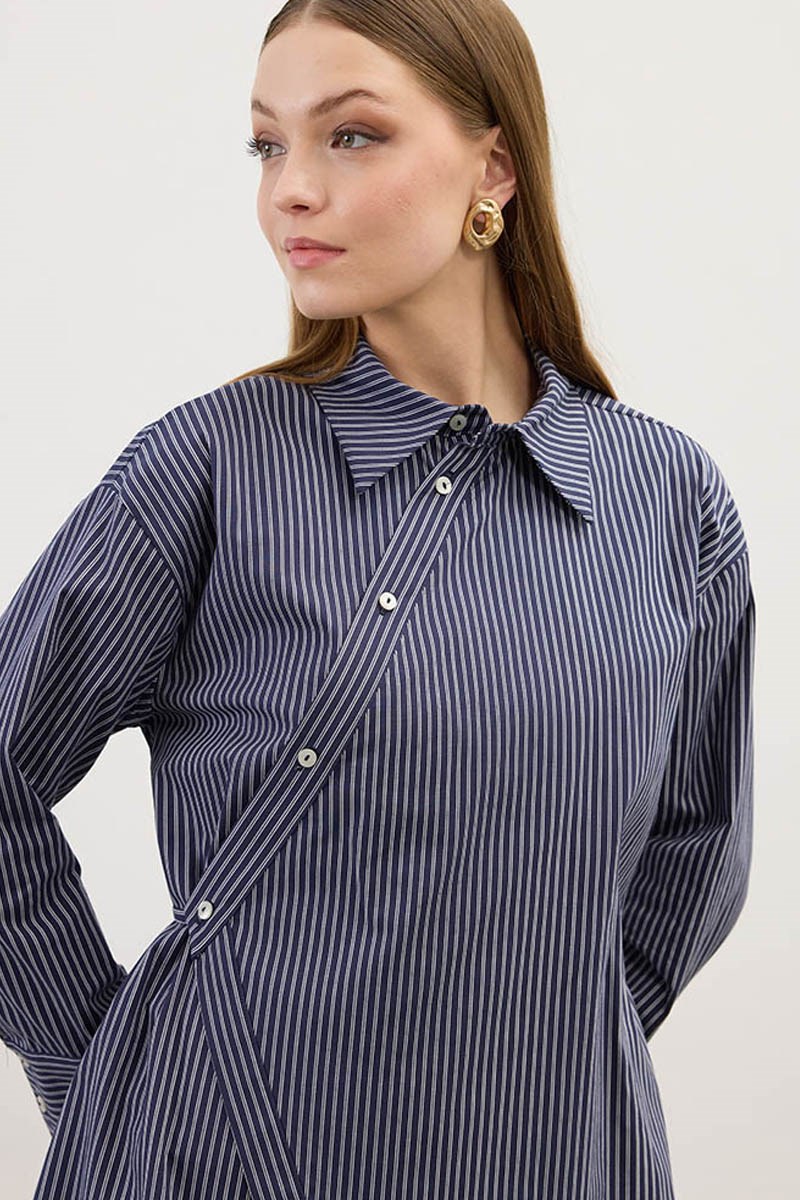 Çapraz Patlı Çizgili Gömlek Lacivert