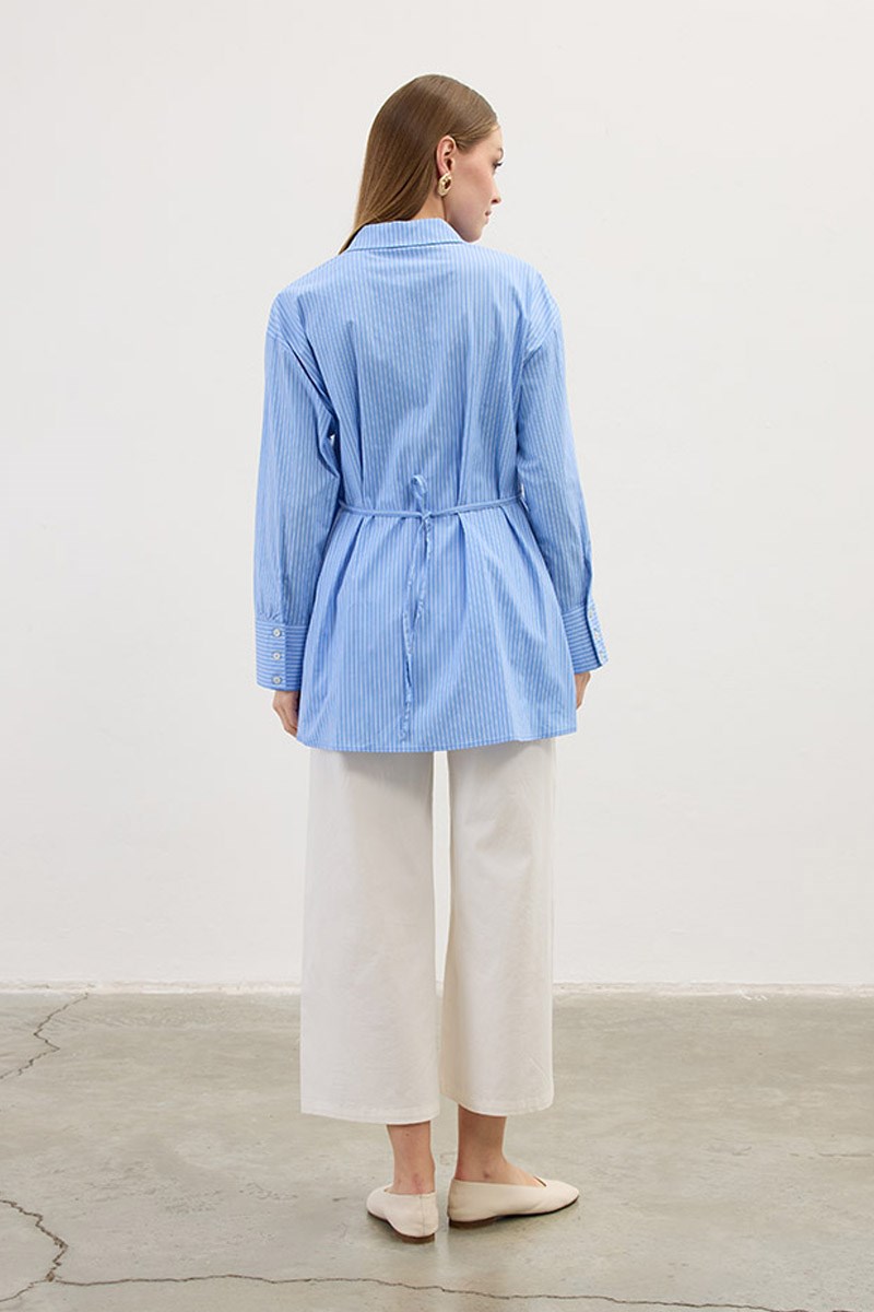 Çapraz Patlı Çizgili Gömlek Mavi