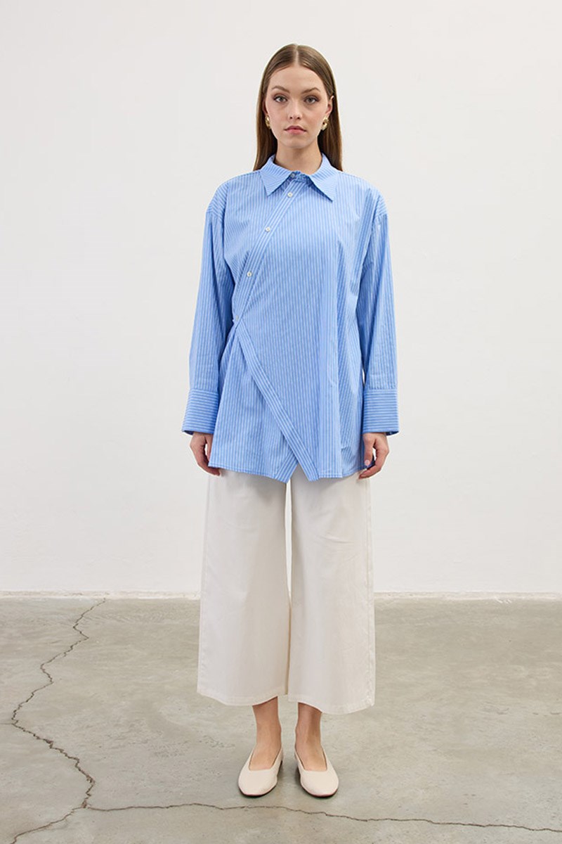 Çapraz Patlı Çizgili Gömlek Mavi