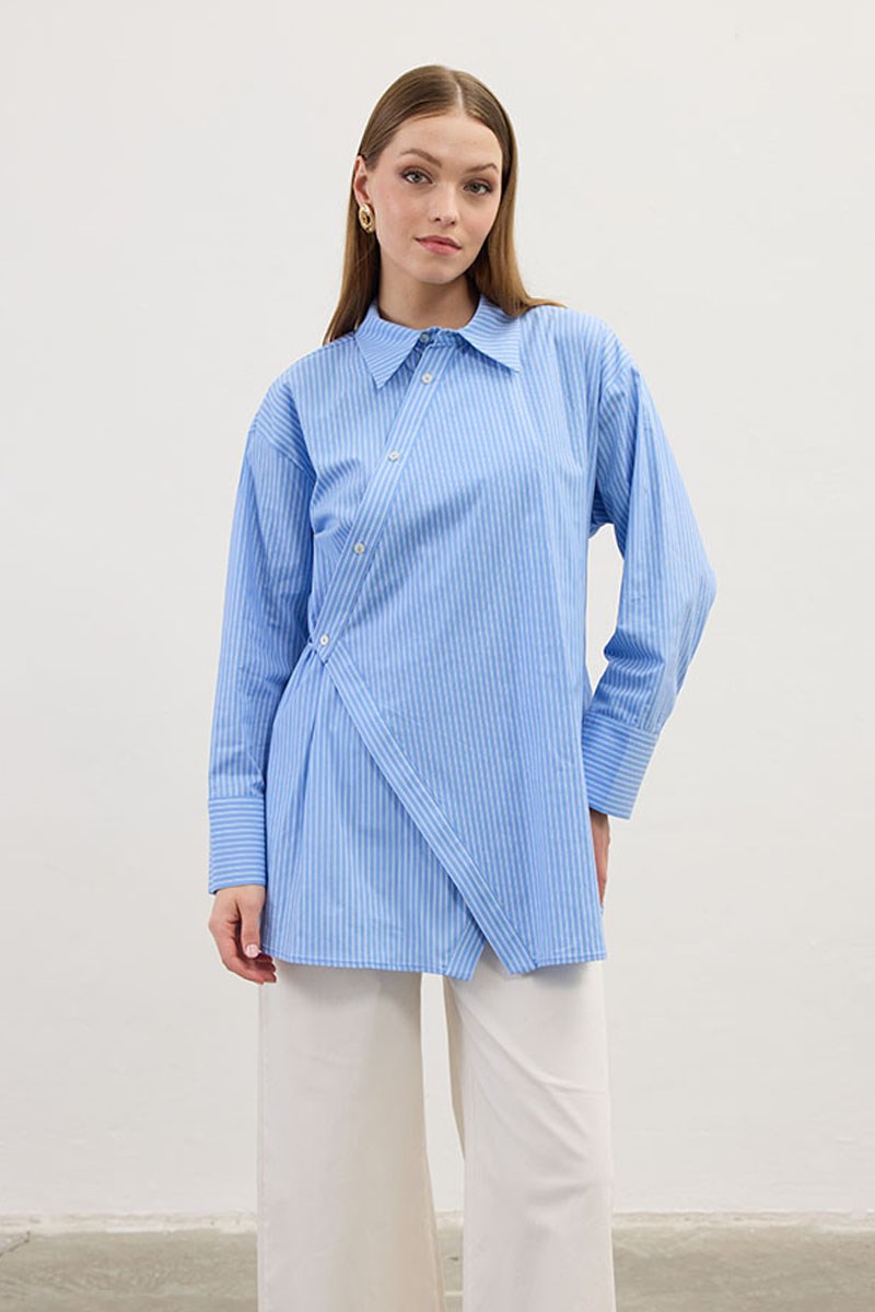 Çapraz Patlı Çizgili Gömlek Mavi