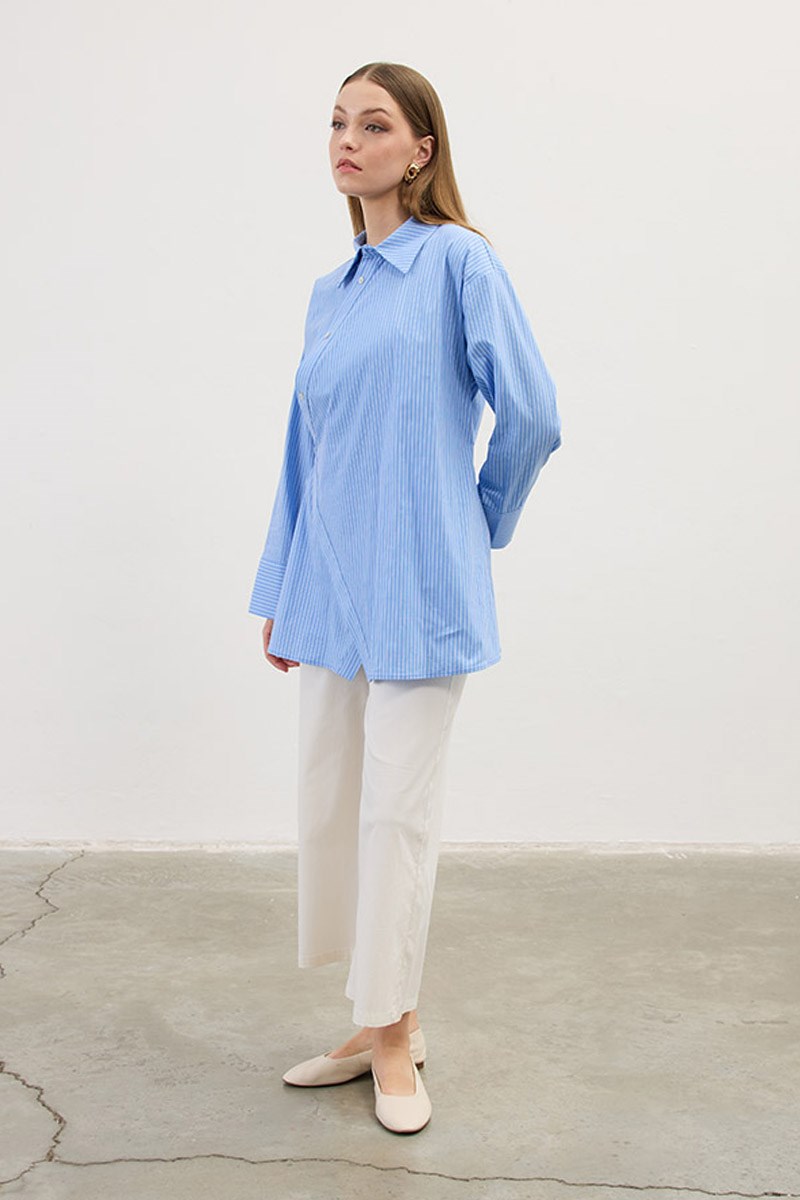 Çapraz Patlı Çizgili Gömlek Mavi