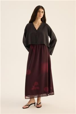 Çiçek Desenli Şifon Etek Bordo